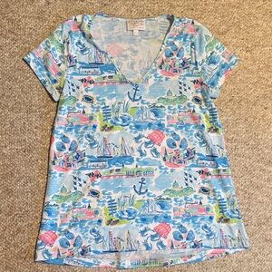 Kaeli Smith Nautical Print V-Neck Tee in Light Blue and White